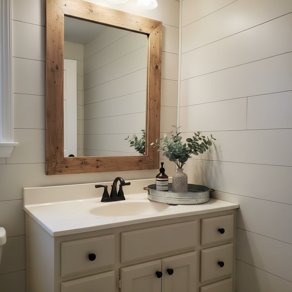 A small rental bathroom transformed with DIY, budget-friendly farmhouse charm, centered on a painted oak vanity in warm off-white with new matte-black hardware. Above it hangs a faux-distressed, hand-built wooden frame around a basic builder-grade mirror, with tiny imperfections in the stain visible. The countertop is clutter-free except for a galvanized metal tray holding an amber glass soap dispenser and a tiny potted faux eucalyptus. Soft, diffused overhead lighting and a hint of natural side light create gentle, flattering illumination and subtle shadows around the textures. Captured at a slightly angled, waist-level perspective, the composition leads the eye from the vanity to a peel-and-stick faux shiplap wall behind it. The photographic realism and playful, thrifty mood highlight how affordable details can completely change a small, everyday space.