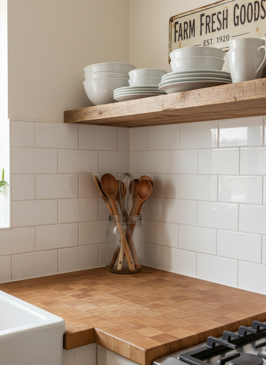 A bright budget-friendly farmhouse kitchen vignette showing a small butcher-block countertop with visible knife marks and a matte white subway tile backsplash installed with slightly uneven grout lines. A simple open shelf made from reclaimed wood displays mismatched white stoneware dishes, a clear glass jar of wooden spoons, and a tin sign with faded lettering. Diffused morning light from an unseen window creates soft highlights on the tiles and gentle reflections on the glass jar. Captured from a slightly elevated angle, the composition follows the rule of thirds, emphasizing the DIY shelf. The mood is playful and approachable, with photographic realism and a clean yet rustic aesthetic that celebrates charming imperfections and low-cost materials.