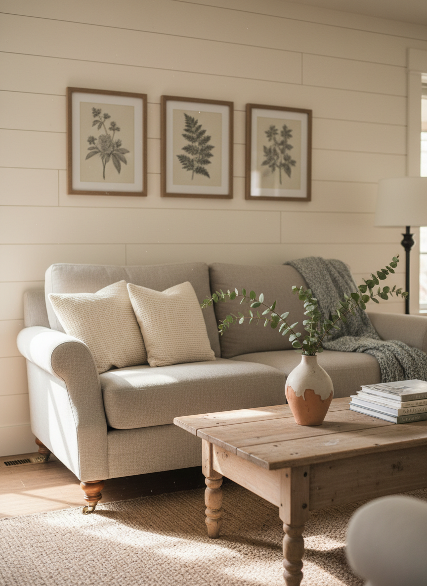A cozy farmhouse-style living room corner featuring a simple DIY shiplap accent wall painted in soft warm white, behind a thrifted light-gray linen loveseat with chunky wooden legs. A weathered pine coffee table holds a handmade clay vase with eucalyptus stems and a stack of dog-eared design books. Soft afternoon natural light filters through off-camera windows, creating gentle shadows and a calm, inviting glow. The scene is photographed at eye level with a slightly wide angle, sharp focus on the seating area and a subtle blurred background. The mood is serene and affordable-yet-charming, with photographic realism, rustic textures, and a playful hint of imperfection like a slightly crooked picture frame above the loveseat.