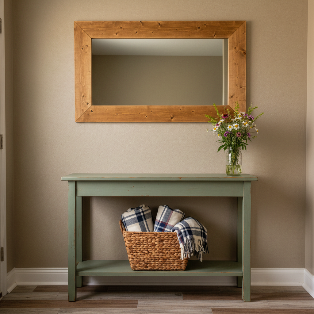 An inviting entryway makeover on a shoestring budget, featuring a narrow, hand-painted console table in muted sage green with distressed edges and visible brushstrokes. Above it, a large DIY farmhouse-style mirror made from inexpensive 1x3 pine boards stained honey brown catches soft, golden-hour light from a nearby door, creating subtle gleams along the frame. On the table sit a woven thrift-store basket filled with neatly folded plaid blankets and a repurposed mason jar holding wildflowers. The walls are a warm greige with faint texture, and simple peel-and-stick faux wood planks form a small accent area on the floor. Photographed straight-on with balanced framing and moderate depth of field, the atmosphere feels calm, welcoming, and resourceful in a photographic, rustic-modern style.